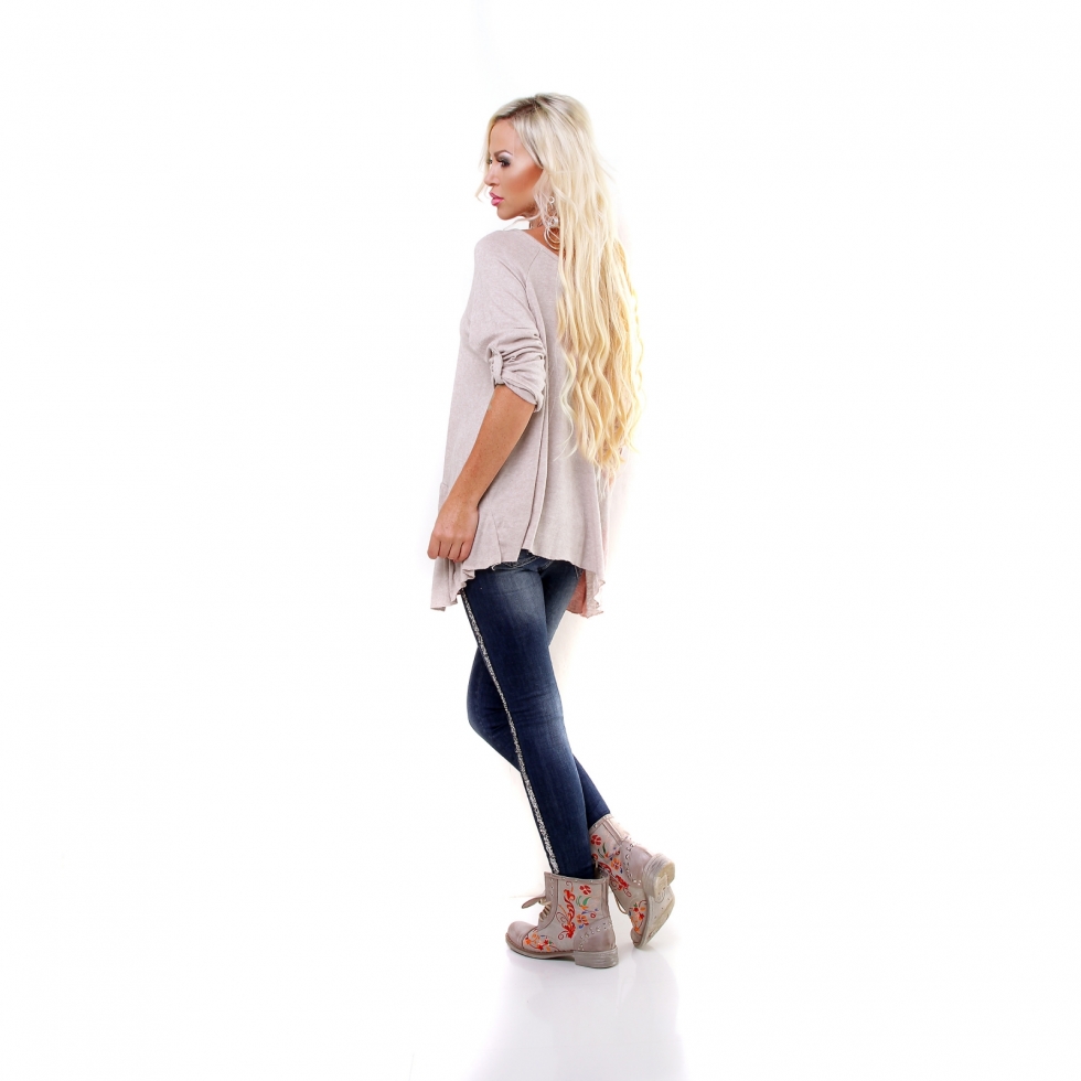 Oversize Feinstrick-Pulli mit weiten Rund-Ausschnitt - beige