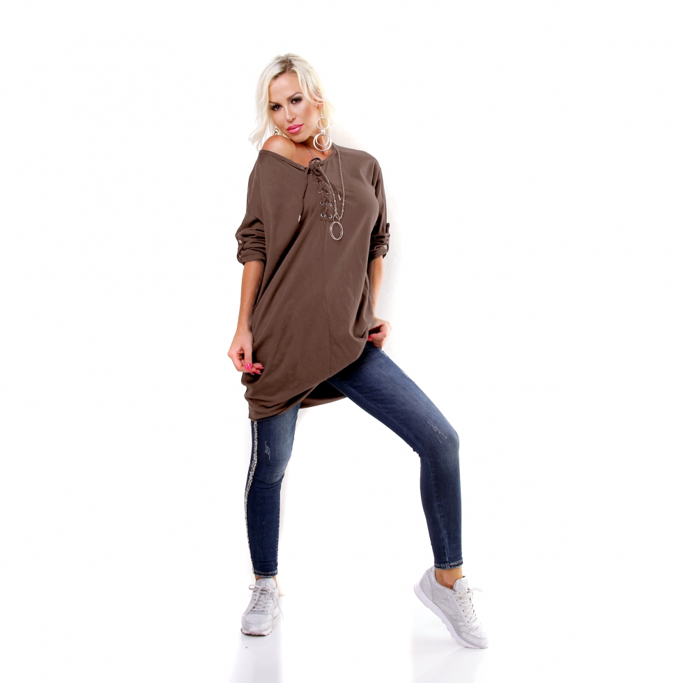 Oversize-Longpullover mit Schnürleiste - khaki