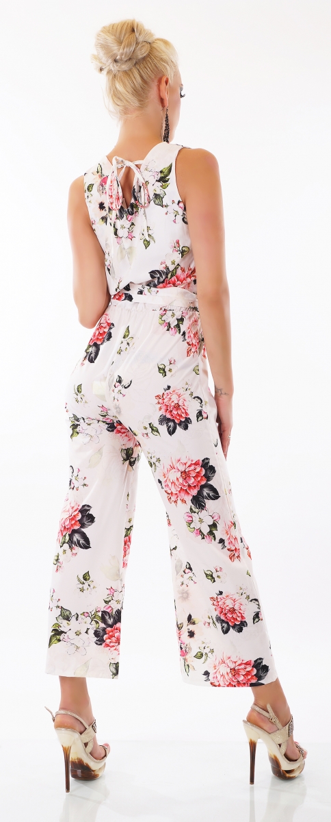 Eleganter Overall im Marlene-Style mit Blumen-Prints in weiß