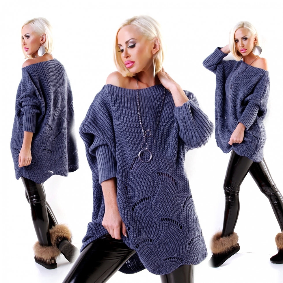 Moderner Longpullover mit Lochmuster-Verzierung - blau