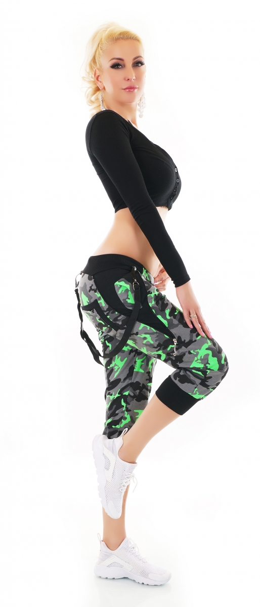 Capri Freizeithose im Camouflage-Look mit Zier-Bändern - neon grün