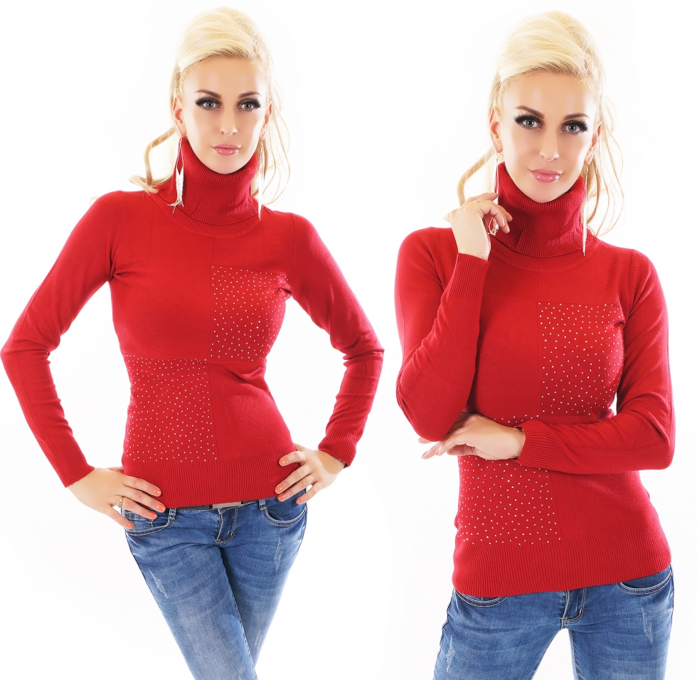 Taillierter Rollkragen-Pullover mit Schmucknieten - rot