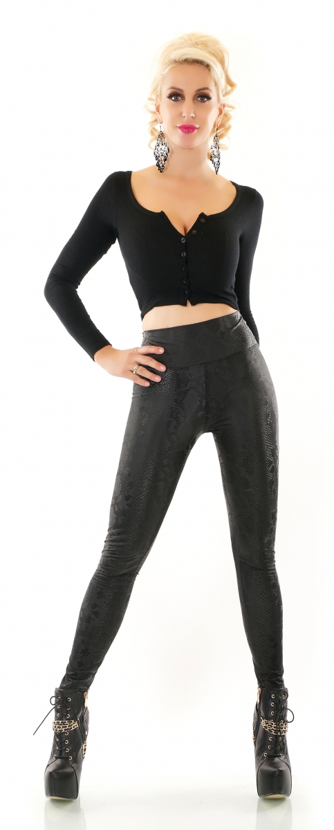 High-Waist-Leggings im Wetlook Reptil Optik - schwarz