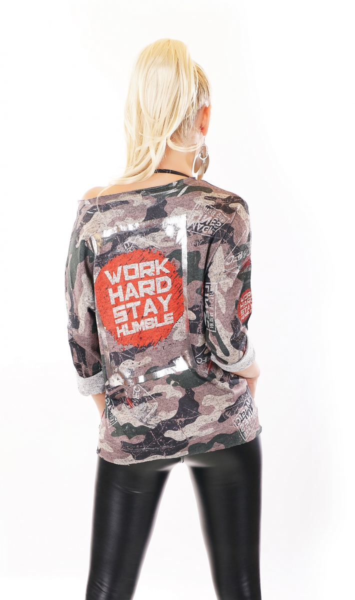 Camouflage Sweatshirt mit modischen Schrift-Prints - grün