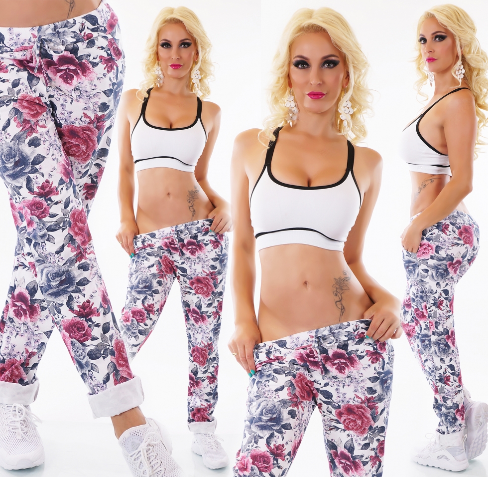 Modische Chino Freizeithose mit Flower-Print in pink/weiß