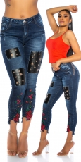 Sexy Skinny-Jeans mit Leder-Patches und Blumen-Stickerei - dark blue