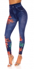 High Waist Leggings in Jeans-Optik mit Blüten-Prints - blue washed