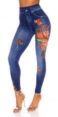 High Waist Leggings in Jeans-Optik mit Blumenprints - blue washed