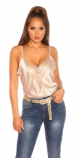 Sexy Satin-Top mit feinen Spitzen-Einsätzen - beige