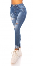 High Waist Skinny Jeans im Used-Look mit Schrift-Prints - blue washed