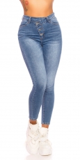 High Waist-Jeans mit diagonalier Knopfleiste in blue washed