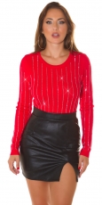 Taillierter Glattstrick-Pullover mit Strassverzierung - rot