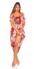 Carmen Maxi-Kleid mit Blumenprint-Verzierung - rot