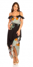 Modisches Maxi-Kleid mit Blümchenprint-Verzierung - schwarz