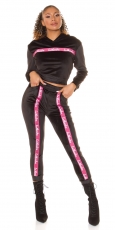 Loungwear Nicki Freizeit Anzug mit Zierstreifen - schwarz/pink
