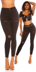 High Waist Skinny-Jeans im modischen destroyed Look - schwarz