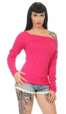 Dünner Feinstrick-Pullover mit weitem Rundausschnitt in pink