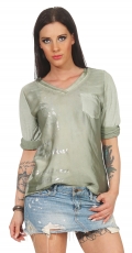 Shirt in Glossy-Optik mit silbernen Schriftzug-Prints in olive