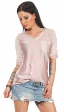 Shirt in Glossy-Optik mit silbernen Schriftzug-Prints in rosa