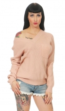 Warmer Rippstrick-Pullover mit V-Ausschnitt - rosa