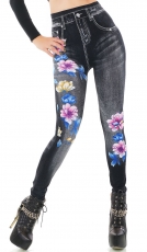 High Waist Thermo Leggings in Jeans-Optik mit Blüten-Muster - black washed