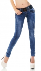 Slim Fit Röhren-Jeans mit Vintage-Effekten und breitem Kontrast-Gürtel in blue washed