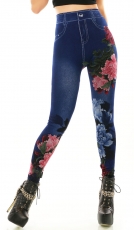High Waist Leggings in Jeans-Optik mit Blumenprints - blau