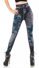 High Waist Thermo-Leggings im Jeans-Look mit Blüten-Print - black washed