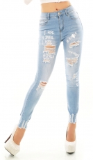 Stretch-Jeans im Used-Look mit Schrift-Prints - light blue