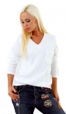 Warmer Rippstrick-Pullover mit V-Ausschnitt - cremé weiß