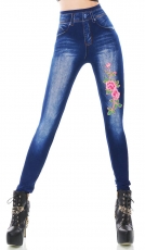 High Waist Thermo-Leggings im Jeans-Look mit Blumen-Verzierung in blue denim