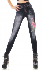 High Waist Thermo-Leggings im Jeans-Look mit Blumen-Verzierung in black denim