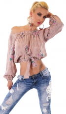 Bauchfreie Langarm-Bluse mit Carmen-Ausschnitt - rosa