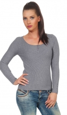 Taillierter Rippstrick-Pullover mit kurzer Knopfleiste - stone