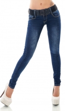 Skinny-Jeans in aktueller Waschung mit breitem Gürtel in dark blue