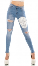 Hight Waist Jeans im Destroyed Look mit Skull und Strass in light blue