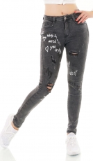 Skinny Jeans im Used-Look mit Schrift-Prints - dark grey