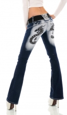 Bootcut-Jeans mit Dragon Tattoo, Strass und Gürtel - bleach dark blue