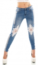 Sexy Stretch Jeans mit Spitzen und Used Effekten - blue washed