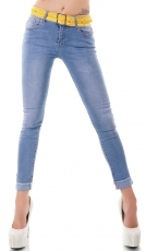 Sexy Skinny Hüft-Jeans mit breiten Glamour-Gürtel - blue washed