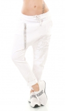 Trendy Harems-Hose mit XXL Zipper und Schrift-Prints - weiß