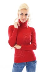 Taillierter Rollkragen-Pullover mit Schmucknieten - rot