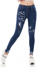 High Waist Skinny Jeans im Used-Look mit Schrift-Prints - dark blue