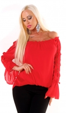 Luftig leichte Carmen-Bluse mit Spitzen-Verzierung - rot