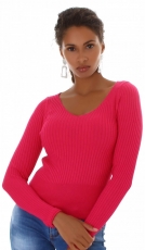 Kuscheliger Strick-Pullover mit tiefen V-Ausschnitt - pink