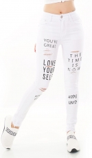 High Waist Skinny Jeans im Used-Look mit Schrift-Prints - weiß