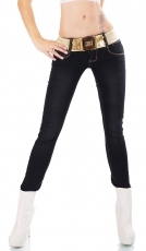 Skinny-Jeans mit Kontrastnähten und breitem Stretch-Gürtel - schwarz