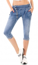 Capri-Jeans mit diagonaler Knopfleiste und Zipper in blau