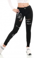 High Waist Skinny Jeans im Used-Look mit Schrift-Prints - schwarz