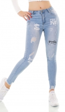 Stretch-Jeans im Used-Look mit Schrift-Prints - light blue